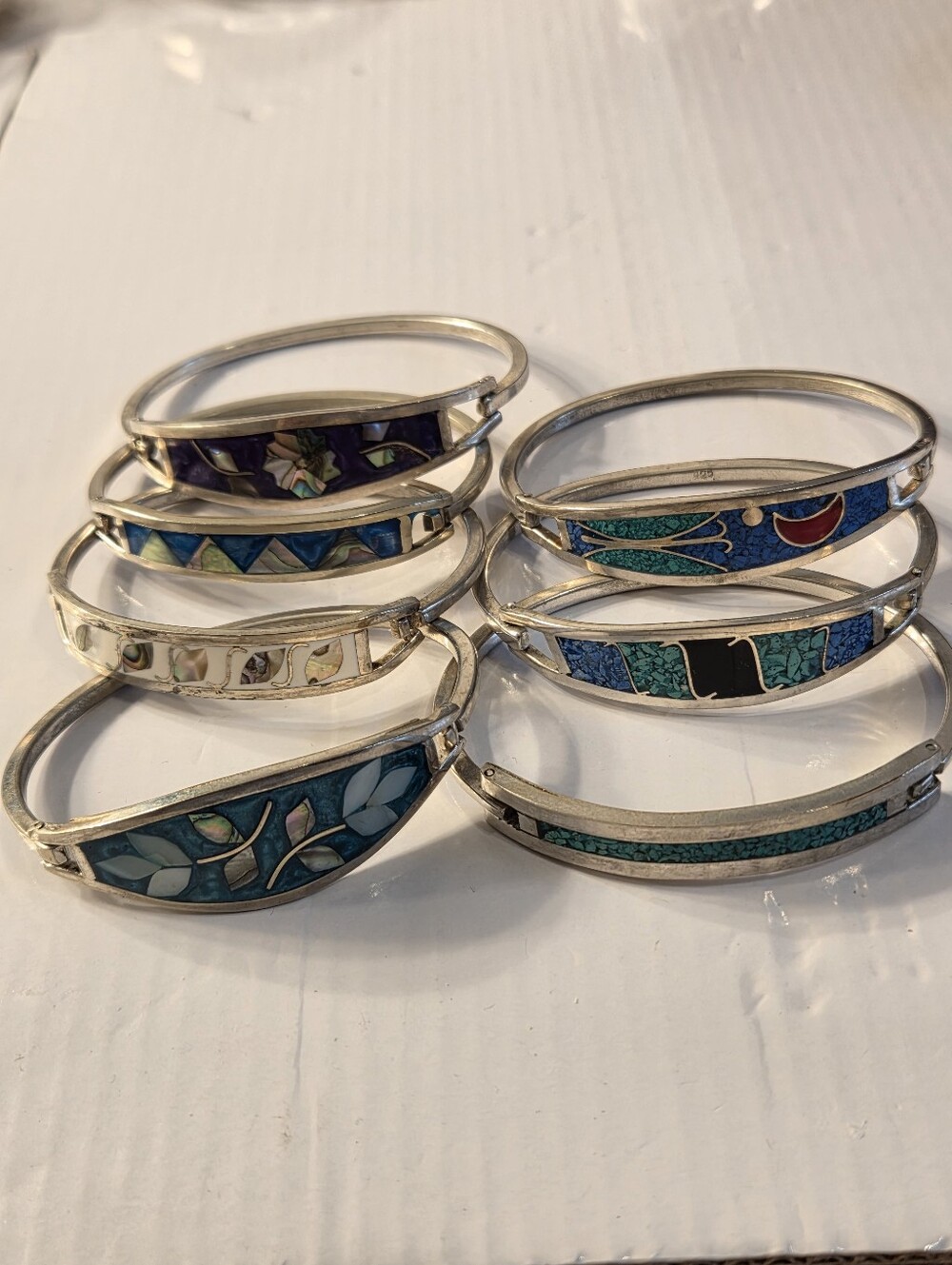 Sterling Silver Filled  Blue and Teal Inlay Bangle Bracelet - Picture 13 of 16